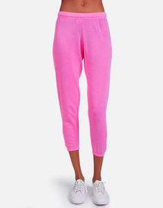 Women's Neon Pink Crop Jogger | Nate LE by Michael Lauren Spring Pink Joggers With Ribbed Cuffs, Pink Bottoms For Spring, Pink Bottoms With Elastic Cuffs For Spring, Nate Core, Sweatpants And Sweatshirt, Pink Lightning Bolt, Pink Lightning, Cropped Sweatpants, Cropped Joggers