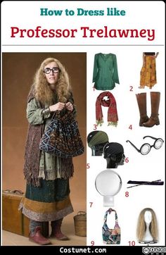 an image of a woman in dress like professor trelwey costume and accessories