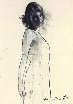 a black and white drawing of a woman's body with hair blowing in the wind