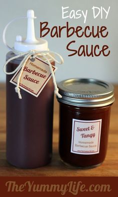 two jars of homemade barbecue sauce sitting on a table with the words, easy diy barbecue sauce