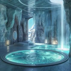 an artistic rendering of the inside of a cave with water and ice on it's walls