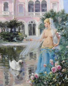 a painting of a woman standing next to a swan in the water with flowers around her