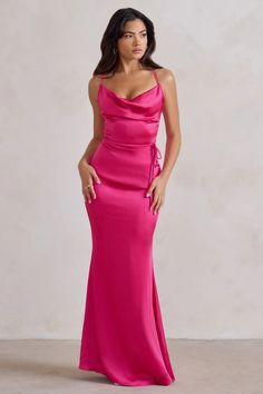 Lifetime Fuchsia Pink Satin Cowl Neck Maxi Dress With Cross Back Det – Club L London - USA Cowl Neck Maxi Dress, Midi Bridesmaid Dress, Black Dress Prom, Black Tie Gala, Party Dress Long Sleeve, Black Sequin Dress, Black Tie Event, Cowl Neckline, Invisible Zip