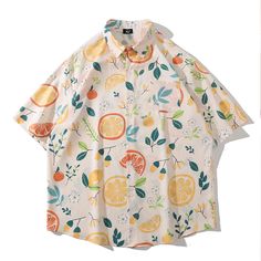 Harajuku Lemon Floral Print Preppy Loose Shirt Features：  Product ID:SS0026 Material:Polyester Season:Summer Color:Apricot  Size Chat： Spring Collared Printed T-shirt, Casual Orange Beach Shirt, Orange Cotton Hawaiian Shirt For Summer, Casual Orange Blouse With Graphic Print, Orange Cotton Shirt With Print, Orange Collared Shirt For Vacation, Orange Collared Vacation Shirt, Orange Cotton Summer Shirt, Summer Orange Cotton Shirt