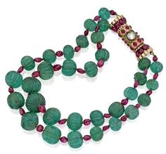 Carved Emerald, Ruby and Diamond Necklace 1940s Sotheby’s Emerald Beads Necklace, Carved Emerald, Ruby And Diamond Necklace, Ruby Beads, International Jewelry