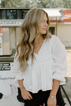 White Peplum Ruffle Top White Shirt Bell Sleeves, White Ruffled Top, White Top Ideas, Puffed Sleeves Outfit, Ballerina Farm, Cute White Tops, White Ruffle Top, White Blouses, Farm Clothes