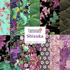 a collection of purple, green and blue floral designs on black background with the words times square shizuka