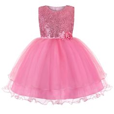 Girl Sequined Princess Dress Sleeveless Bowtie Ball Gown Lace Tulle Pink Sparkly Dress, Rose Flower Pattern, Girls Bridesmaid Dresses, Girls Sequin Dress, Red Sequin Dress, Princess Dress Up, Gold Sequin Dress, Pink Sparkly, Beauty Dress