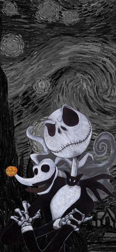 a drawing of jack and sally from the nightmare before it has been painted by someone else