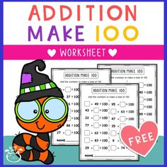 addition make 100 worksheet with an image of a cat wearing a witch hat