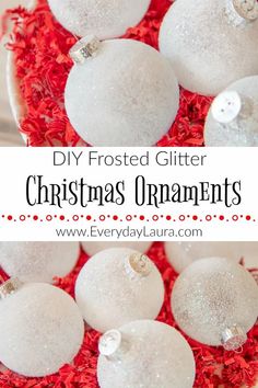 some white ornaments are sitting in a red box with the words diy frosted glitter christmas