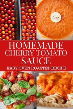 homemade cherry tomato sauce in a blender with the words, homemade cherry tomato sauce easy oven roasted recipe