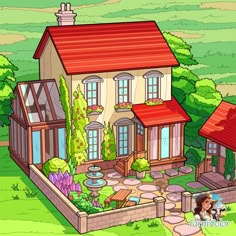 a cartoon house in the middle of a green field with trees and bushes around it