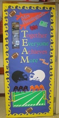 a door decorated to look like a football field with the words together everyone achieves more