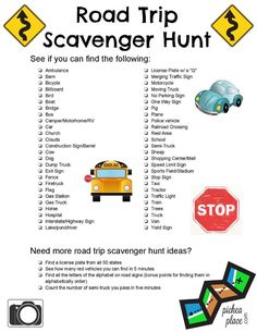 the road trip scavenger hunt is shown in this poster, which includes pictures of cars