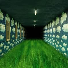 an image of a long hallway with clouds painted on the walls and grass in the foreground