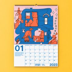 a calendar with an image of people in a house