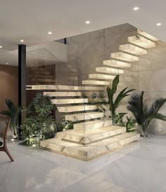 the stairs are made of marble and have plants growing on each step in front of them