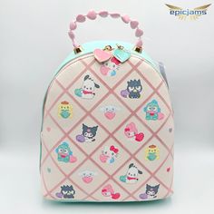 the small backpack has many cats and hearts on it's front pocket, along with a beaded cord