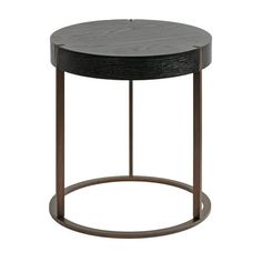 a round wooden table with metal legs and a black top on an isolated white background