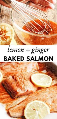 This amazing lemon and ginger baked salmon is so easysimpleand quick to makePerfect with any side dish and a healthy but tasty option for dinner any night of the week Ginger Sauce For Salmon, Lemon Ginger Salmon Recipes, Ginger Salmon Recipes, Lemon Salmon Recipes, Df Meals, Balsamic Salmon, Baked Salmon Lemon, Lemon Butter Salmon, Ginger Salmon