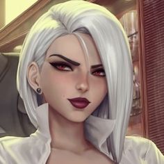 a woman with white hair and red lipstick