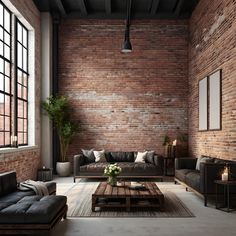 an industrial living room with brick walls and leather couches, coffee table, potted plant