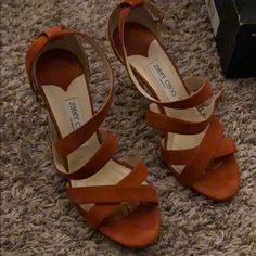 Used Once , No Box Or Dust Bags. No Damage On Shoes Burnt Orange Color Trendy Orange 4-inch Heels, Orange Sandals With 4-inch Heel For Summer, Orange Spring Heels With 4-inch Heel, Orange 4-inch Heel Summer Heels, Orange Synthetic Heels With 4-inch Heel, Jimmy Choo Sandals, Burnt Orange Color, Jimmy Choo Shoes, Burnt Orange