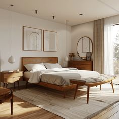 a bed room with a neatly made bed and wooden furniture