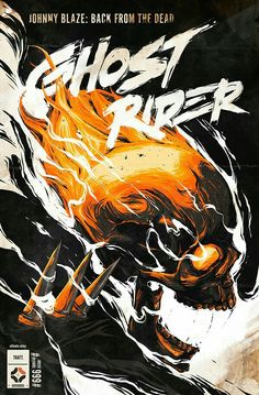 the poster for ghost rider is shown in orange and white