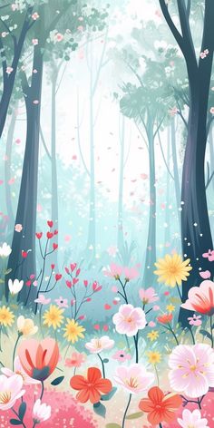 a painting of flowers and trees in the woods