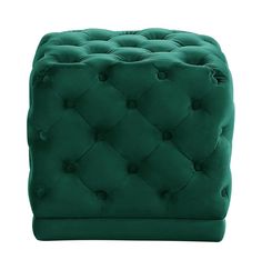 a green square foot stool with buttons on the front and back legs, sitting against a white background