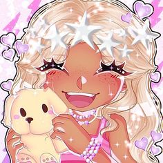 a drawing of a blonde girl holding a teddy bear and smiling at the camera with stars above her head