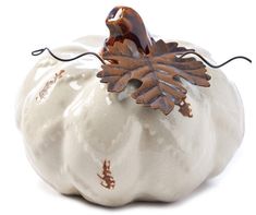 a white pumpkin with an acorn decoration on it