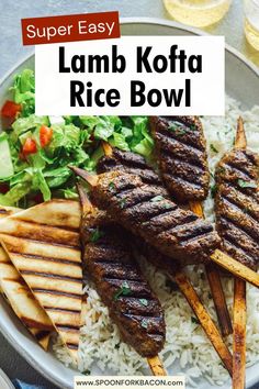 lamb kofta rice bowl with grilled vegetables on the side