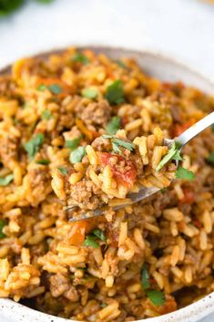 a spoon full of mexican rice with meat and cilantro on the side in a white bowl