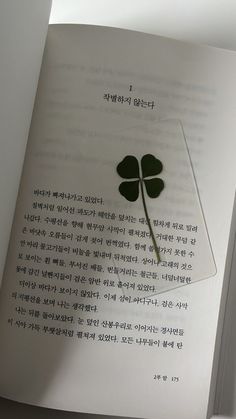 an open book with a four leaf clover on the page and korean text underneath it