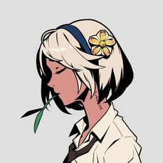 an anime character with long hair and a flower in her hair, wearing a white shirt