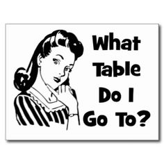 a card with the words what table do i go to? in black and white