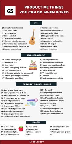 Here's a comprehensive list of 65 productive things you can do when you're bored at home. From fun productive things, to self improvement, to organisation and planning to healthy things. These productive things will help you improve your life. Things To Learn, Learn Skills, Bored At Home, What To Do When Bored, Things To Do At Home, Productive Things To Do, Self Care Bullet Journal, Personal Improvement, Things To Do When Bored