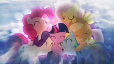 several little ponys are standing together in the sky with their eyes closed and one is sleeping