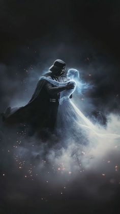 a man dressed as darth vader standing in the clouds with his arms crossed