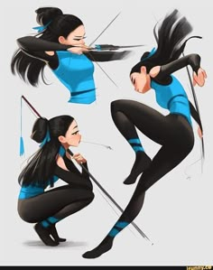 an image of a woman in black and blue outfit holding two arrows with both hands