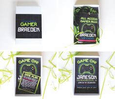 four different game cards with green string attached to them, all in black and white