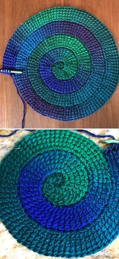 crocheted placemats made with yarn on the table and in different colors