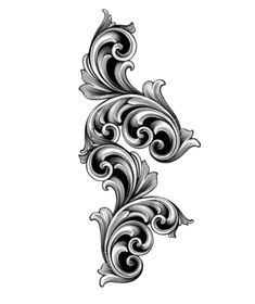 an ornate design with swirls and leaves in black and white on a white background