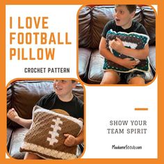 two children are sitting on a couch and one is holding a crochet pillow