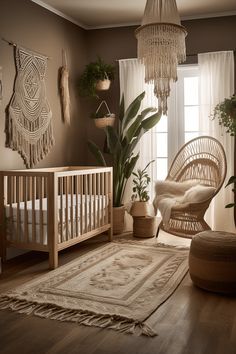 a baby's room with a crib, rocking chair and potted plants