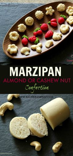 marzipan almond or cashew nut confection on a wooden tray with nuts