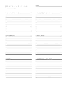 the month in review worksheet is shown with two lines on it and one line at